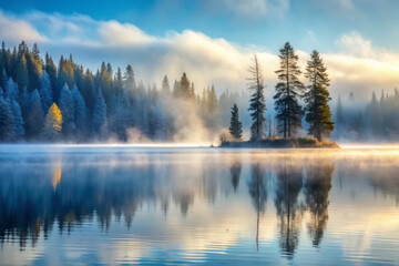 Fototapeta premium serene lake reflects beauty of nature, with delicate wisps of fog dancing above waters surface. Tall trees surround tranquil scene, creating peaceful atmosphere