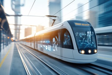 Naklejka premium Modern tram in motion showcasing urban transport efficiency and technology amidst a city landscape.
