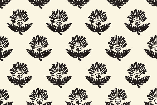 floral ethnic ikat seamless pattern traditional design for background, carpet, wallpaper, clothing, wrapping, fabric, vector illustration, embroidery style, Ajrakh, block print, batik print allovers