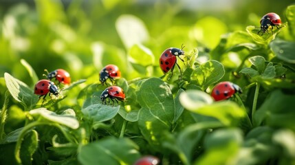 A farm using integrated pest management, with natural predators like ladybugs and birds controlling pests, while diverse crop rotations enhance soil health and reduce the need for chemicals