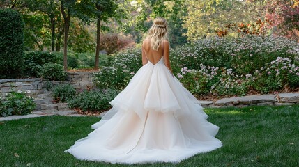 A stunning bride showcasing a beautifully crafted wedding gown against a backdrop of a picturesque garden with blooming flowers and lush greenery. The deep depth of field emphasizes her elegance