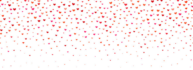 Falling down heart-shaped confetti background. Repeated pink and red heart glitter pattern. Romantic repeating wallpaper for celebration St Valentines day, birthday, wedding. Vector