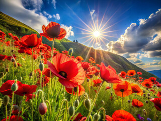 Fototapeta premium Breathtaking electric red poppies bloom vibrantly across undulating hillside, illuminated by warm sunlight. scene captures beauty of nature, evoking sense of tranquility and joy