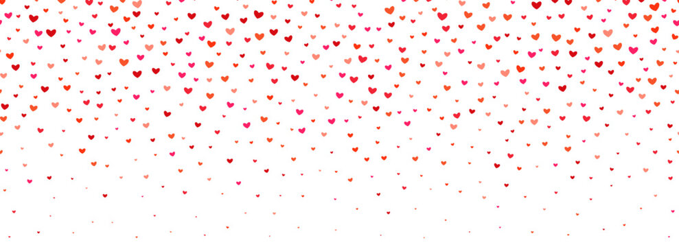 Falling down heart-shaped confetti background. Repeated pink and red heart glitter pattern. Romantic repeating wallpaper for celebration St Valentines day, birthday, wedding. Vector
