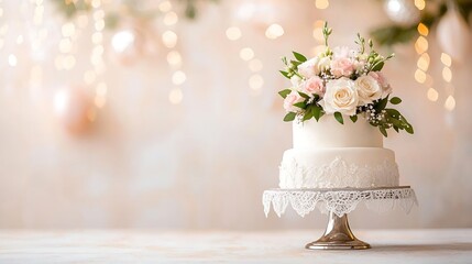 A romantic wedding cake adorned with fresh flowers and delicate lace detailing, displayed on a stylish cake stand. The background features soft lighting and blurred decorations, enhancing the overall