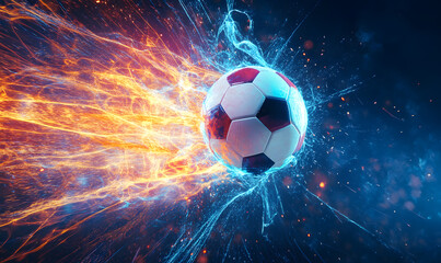 Naklejka premium Dynamic Neon Football Action with Futuristic Geometric Patterns and Vibrant Light Trails for High-Energy Sports Advertising Backgrounds