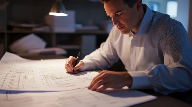 An architect reviewing building codes and regulations with blueprints and legal documents on a desk, looking at the camera, Building code compliance scene
