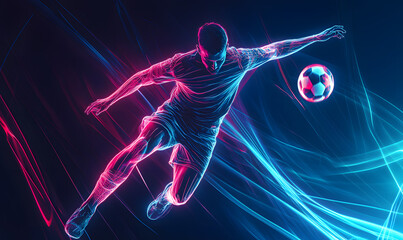 Dynamic Neon Football Action with Futuristic Geometric Patterns and Vibrant Light Trails for High-Energy Sports Advertising Backgrounds
