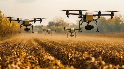 A fleet of small agricultural drones scanning a field for pests and plant diseases, providing real-time data to farmers for targeted interventions using robotic technology