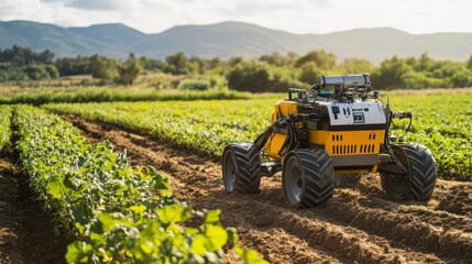 Obraz premium A fully automated agricultural robot tending to crops in a large field, using precision technology to plant, water, and monitor plant health, revolutionizing modern farming