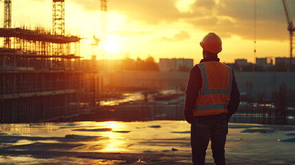 Fototapeta premium Construction worker admires sunset after a long day at the job site in an urban area