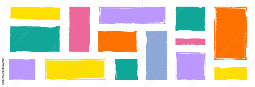 Poster Text box frame brush rough crayon shape set. Text box frame rough grunge square paint shape element. Hand drawn crayon grunge brush rectangle border. Vector illustration