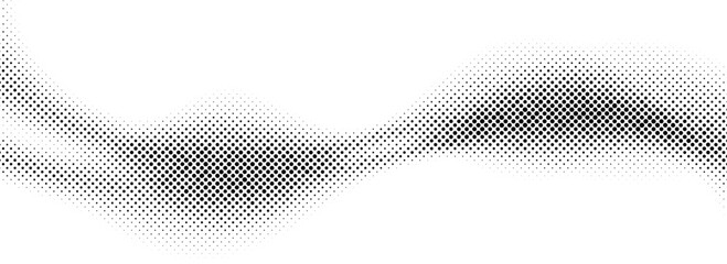 Comic halftone wave background. Dotted curved flow wallpaper. Abstract textured fluid backdrop. Black grit pop art swoosh element for poster, banner, overlay, card, brochure, flyer, leaflet. Vector