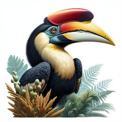 Fototapeta premium hornbill as a realistic painting with a flat block colour australian native plant in the background
