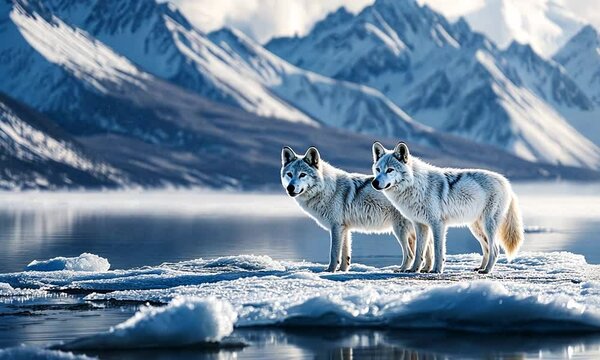 white arctic fox with two polar bear in snow