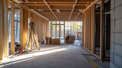 Interior of a partly built home with wooden framing and afternoon sunlight