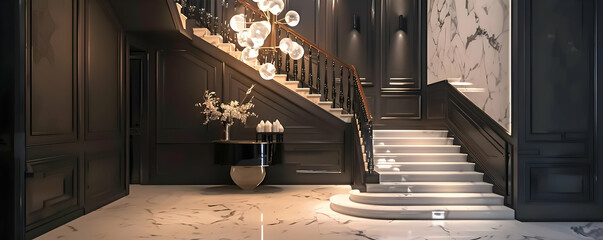Modern Interior Design with Black and White Marble Staircase and Chandelier