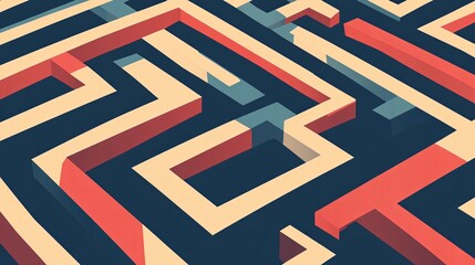 Abstract geometric maze with red and yellow lines on a blue background.