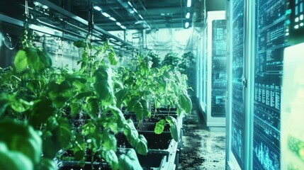 A high-tech indoor farm with plants growing in a soil-free environment, nutrient-rich water cycling through pipes, and data being analyzed on digital screens to optimize growth