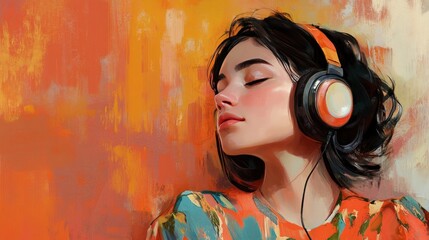 A young woman enjoying music with headphones, set against a vibrant, colorful background.