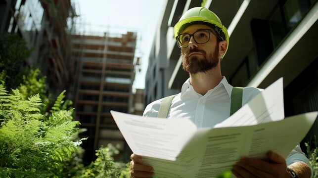 An architect reviewing environmental impact assessments and green certifications for a sustainable development project, looking at the camera, Environmental impact assessment scene