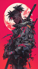 cyberpunk african male anime using katana