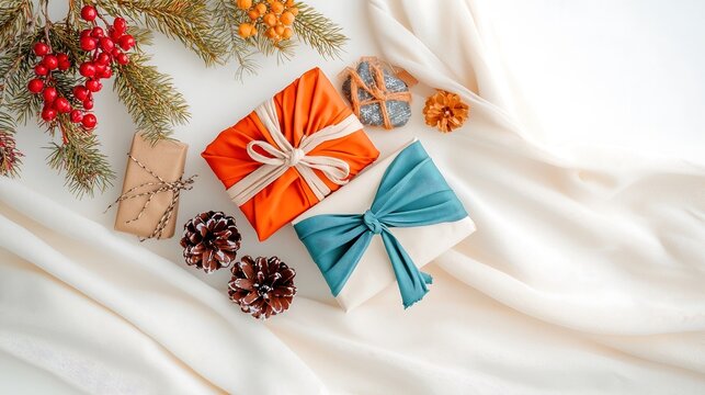 A stylish flat lay featuring an array of thoughtfully curated gifts, including artisanal items and elegant accessories, set against a backdrop of soft fabric and seasonal decor, all captured in