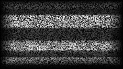 TV static noise background. Glitch pixel television screen. Lost or bad TV signal VHS video with black stripes wallpaper. White noise grain. CRT tv screen with interferences and glitches. Vector