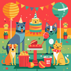 Naklejka premium Fun pet birthday card mockup, Four joyful dogs wearing party hats, surrounded by balloons and confetti, celebrating a festive occasion.