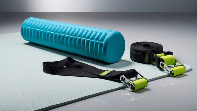 Foam Roller – A foam roller beside a stretching strap, representing muscle recovery and flexibility exercises illustration for health and wellness