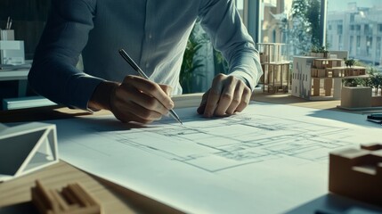 An architect sketching blueprints at a modern office desk, with architectural models and plans around, Architectural office scene