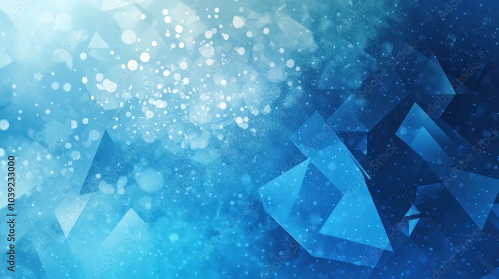 Poster abstract blue background with geometric shapes and soft bokeh effects.