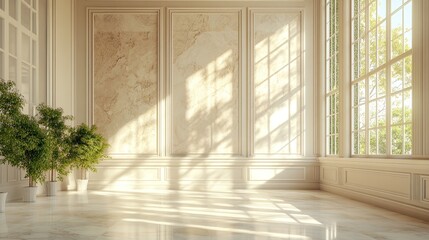 Fototapeta premium Sunlit Room with White Walls and Marble Floor