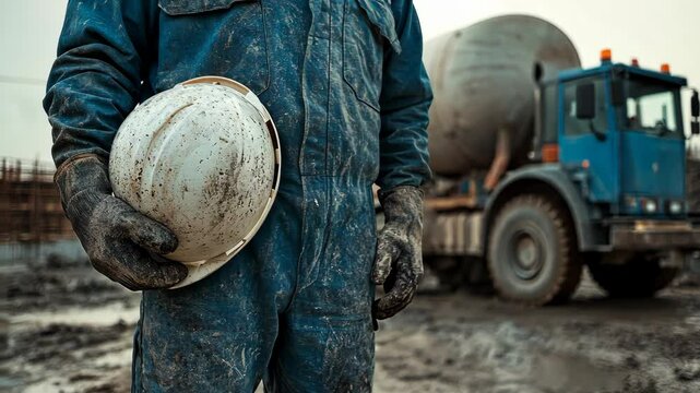 A construction worker holds his dirty hard hat in his gloved hands while standing in front of a cement mixer truck
