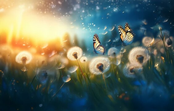 Fototapeta Two butterflies fly above a field of dandelions and grass, with the sun shining brightly behind them.