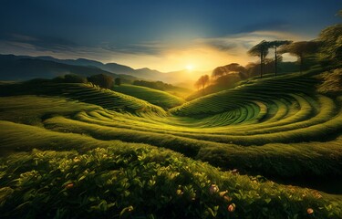Sun sets over rolling green hills, casting long shadows on the landscape.