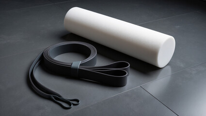 Foam Roller – A foam roller beside a stretching strap, representing muscle recovery and flexibility exercises illustration for health and wellness