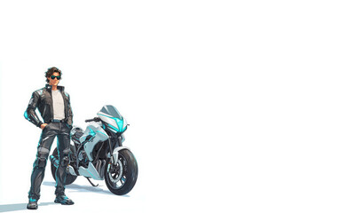 Obraz premium Cool Rider: A confident man in stylish biker gear stands beside a sleek, futuristic motorbike, ready for an exhilarating ride. The minimalist backdrop emphasizes the subject and his bold.