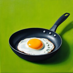 A close-up of a frying egg in a dark blue pan with a lime green background, ar 16:9.
