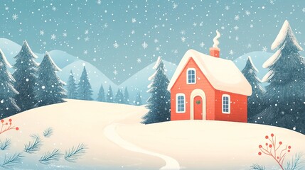 Fototapeta premium Charming red house in a snowy landscape surrounded by pine trees and mountains under a winter sky.