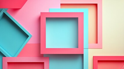 Abstract geometric background of pastel pink, yellow and blue squares.