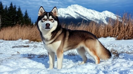 Fototapeta premium Husky in Snow with Mountain Range Background