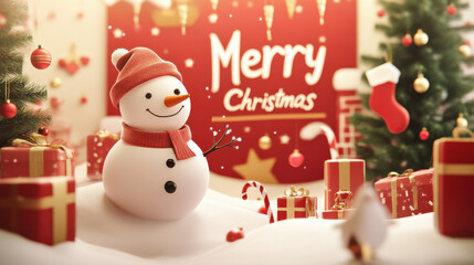 Snowman rolling down a hill with Christmas decorations, large gift box, and "Merry Christmas" text on red and gold background.