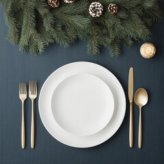Christmas table setting with empty plates and golden cutlery in dark tablecloth/mockup/template/web/blog