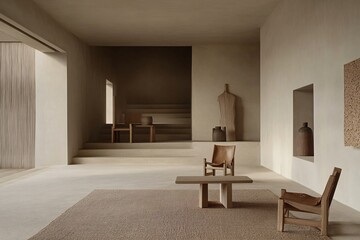 Minimalist Interior Design with Wooden Furniture and Beige Walls
