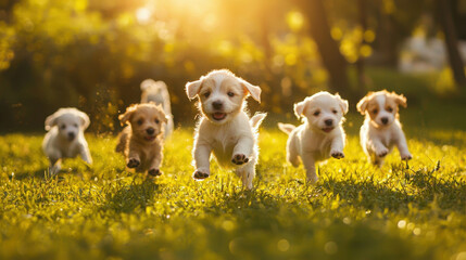 Fototapeta premium Puppies in the Sun: Adorable puppies in a flurry of playful energy race towards the camera, bathed in the warm glow of a setting sun.