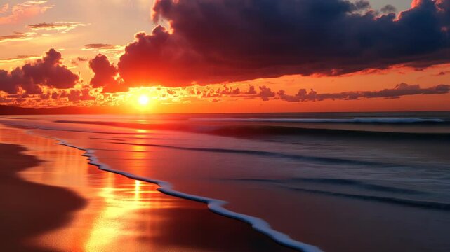 The sun sets over a beach, casting an orange glow on the sand and waves