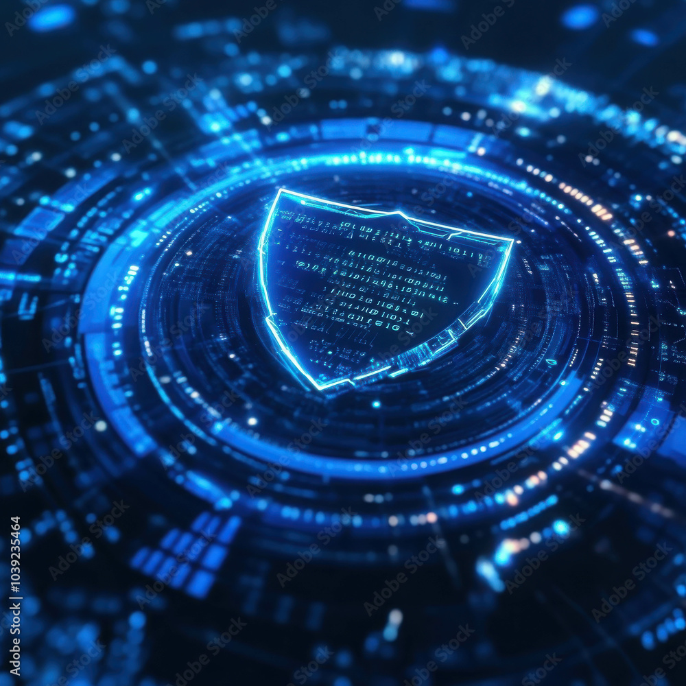 Poster cybersecurity shield: a glowing blue shield, embedded in a futuristic digital interface, symbolizes 