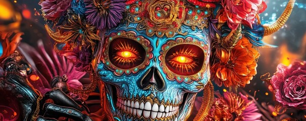 Glowing Sugar Skull with Floral Accents