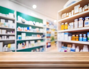 Pharmacy wood table counter with medicines healthcare product arranged on shelves in drugstore blurred defocused background, Pharmacy store background 